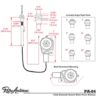 RetroSound PA04 Fully Automatic Electric Power Antenna Aerial and Mounting Heads - CEN