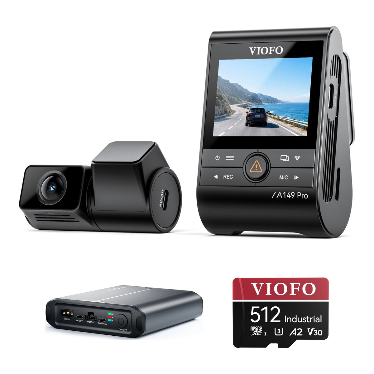 Viofo A149 Pro Duo dash cam bundle: BP60 Battery Pack 512GB