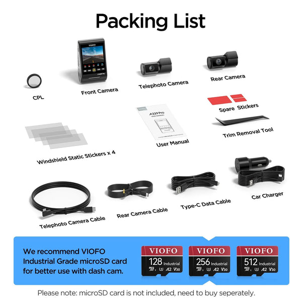 Viofo A229 Pro Tele 3CH Dash Cam 3 Channel 4x Zoom 4K
