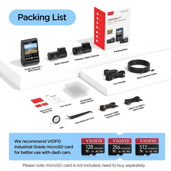 Viofo A229 Ultra 3CH Dash Cam 3 Channel Front Rear Cabin 4K