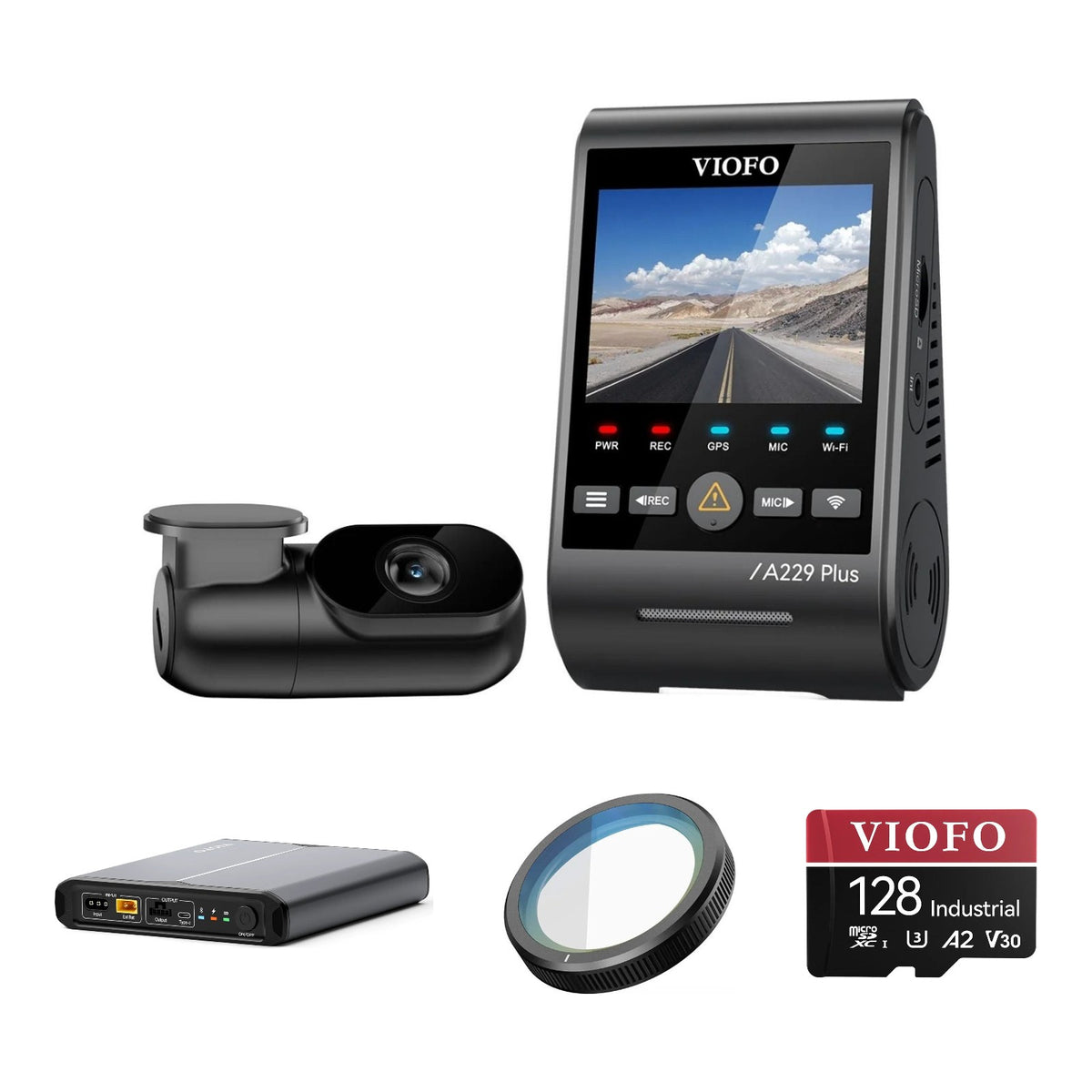 Viofo A229 Plus 2CH dash cam bundle with BP100 battery pack, CPL-200 filter and 128GB card
