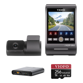 Viofo A229 Ultra 2CH Dash Cam BP100 Battery Pack 256GB Bundle