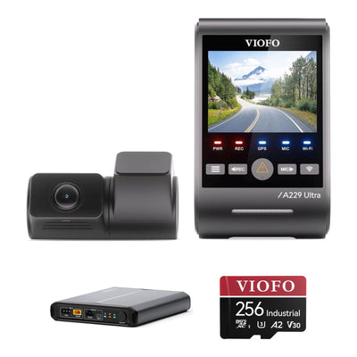 Viofo A229 Ultra 2CH Dash Cam BP100 Battery Pack 256GB Bundle