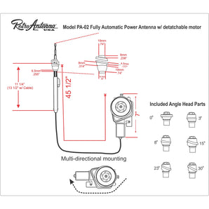 RetroSound PA02 Fully Automatic Electric Power Antenna Aerial and Mounting Heads - CEN